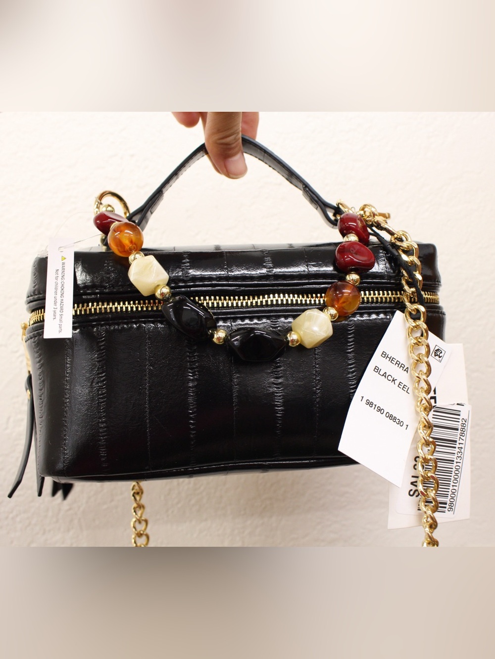 Steve Madden Black Patent Mini Top-Handle Bag with Beaded Accent